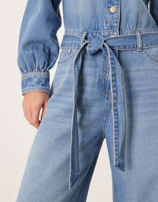 Nobody's Child Petite Denim Blouson Sleeve Jumpsuit In Blue