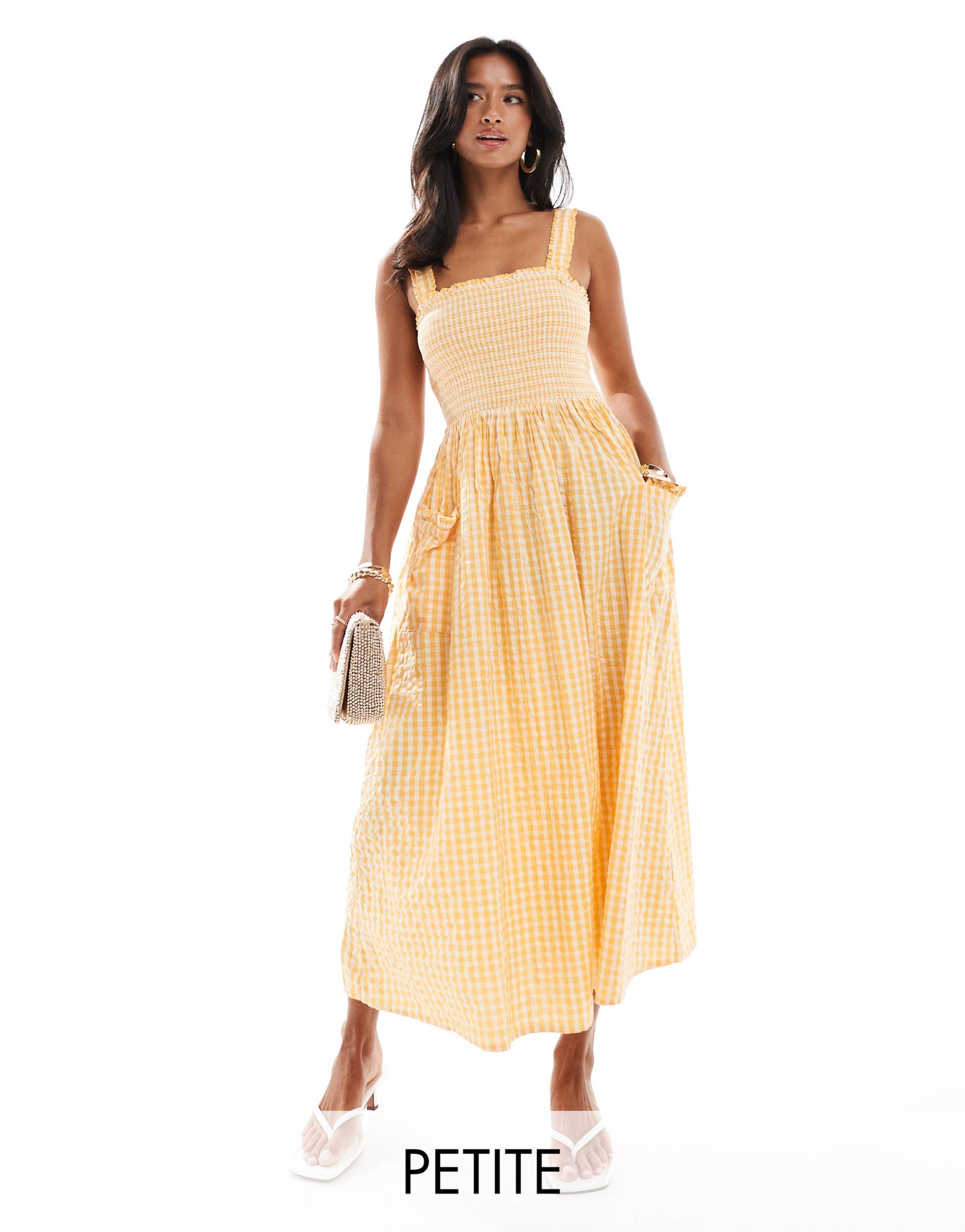 nobody's child petite donnie sheared midi dress in yellow gingham