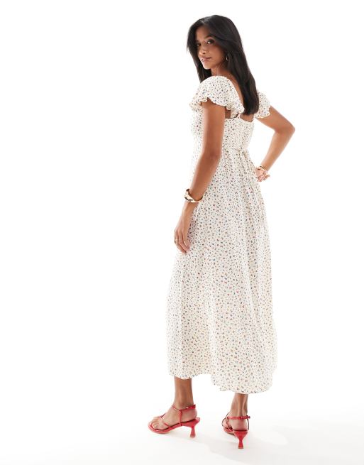 Nobody's Child Petite Elise midi dress with fluted straps in ditsy floral |  ASOS