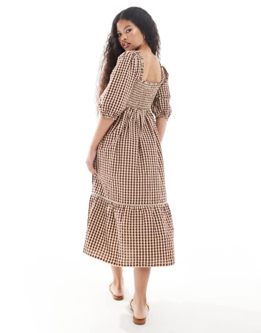 Nobody's Child Petite Elsa balloon sleeve midaxi dress in brown