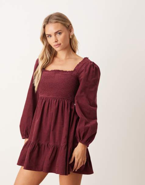 Nobody's Child Petite Elsa cord balloon sleeve shirred bodice mini dress in burgundy - view 1