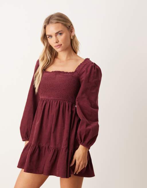 Nobody's Child Petite Elsa corduroy balloon sleeve shirred bodice mini dress in burgundy
