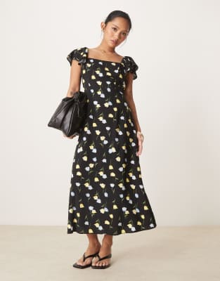 Elsie midi dress with fluted straps in black tulip