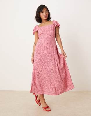 Elsie midi dress with fluted straps in rosebud pink