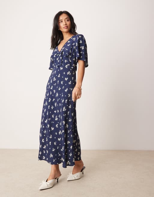 Nobody's Child Petite - Faith - Nette midi-jurk met strik in marineblauw met madeliefjesprint