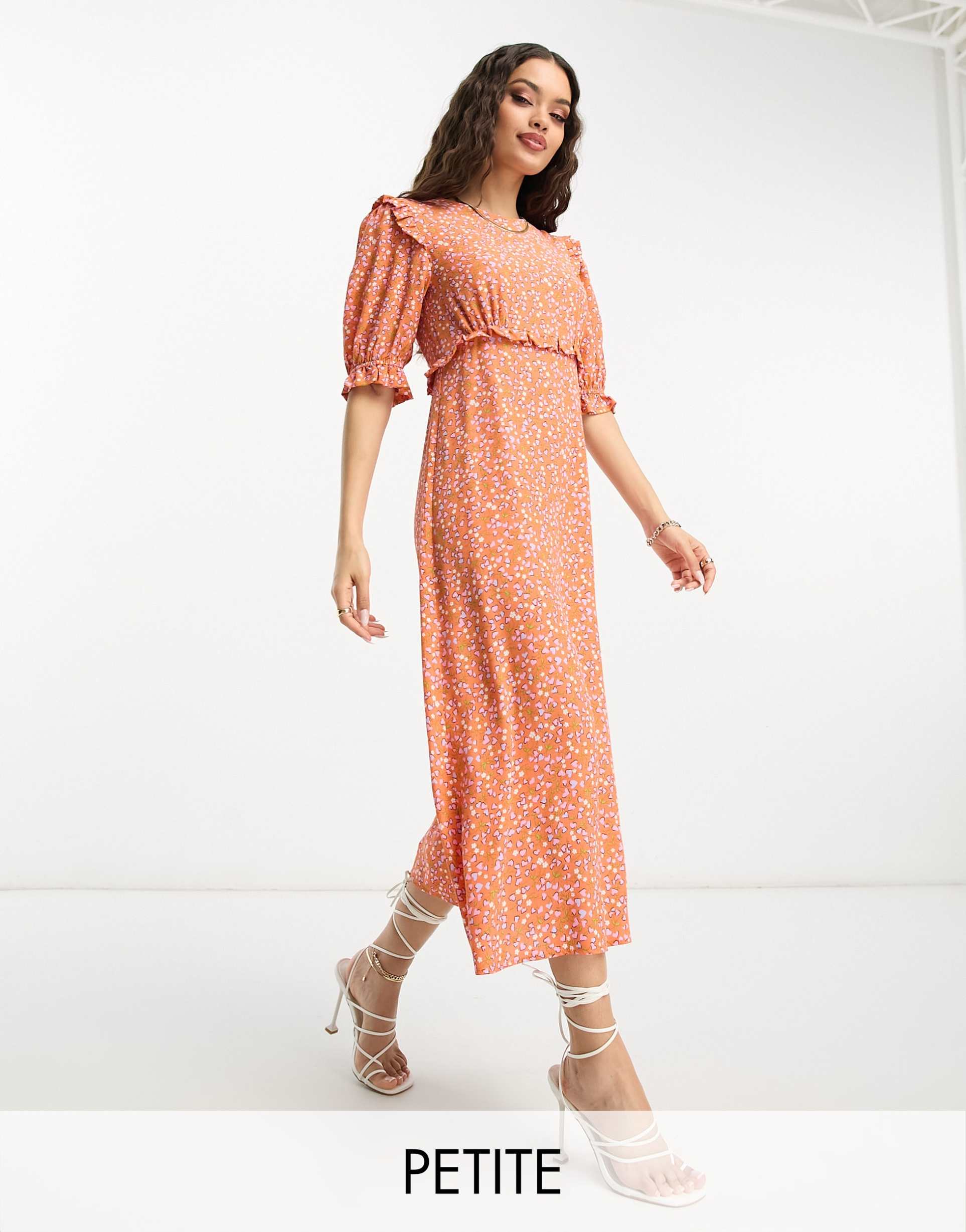 nobody's child petite felicia frill midi dress in orange heart print