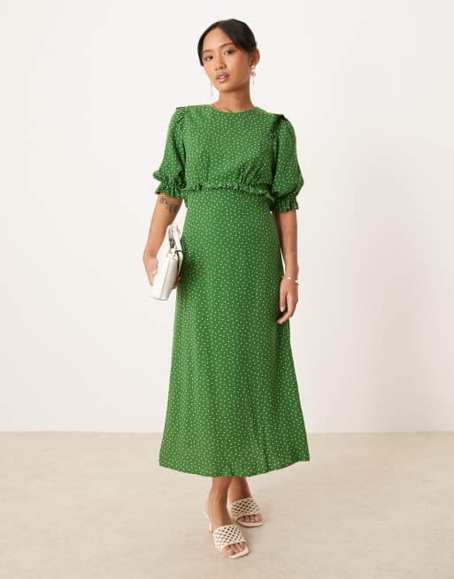 Nobody's Child Petite - Felicia - Midi jurk met ruches in groen met stippen