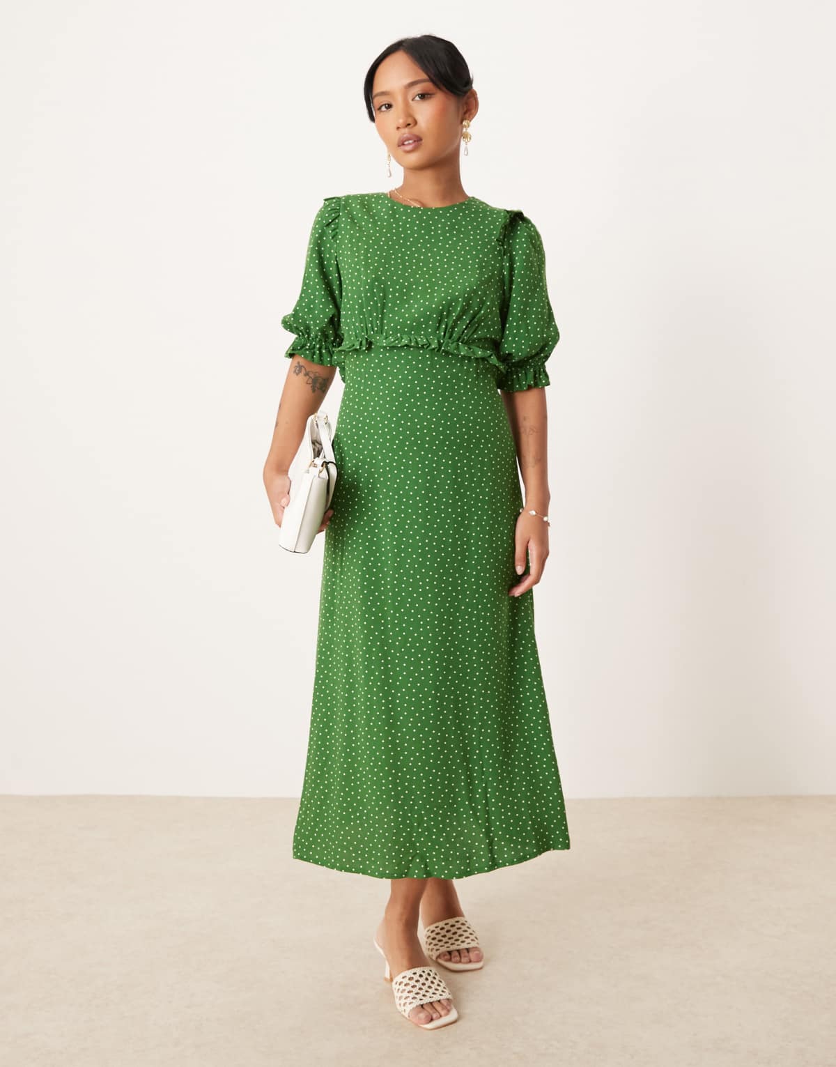 Nobody's Child Petite Felicia ruffle detail midi dress in green spot