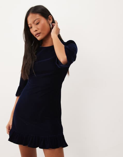 Nobody's Child Petite Fleur cord quarter length sleeves frill hem mini dress in navy - view 1