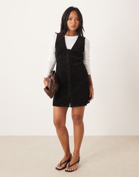 Nobody's Child Petite Gianna v-neck cord pinafore mini dress in black - view 1