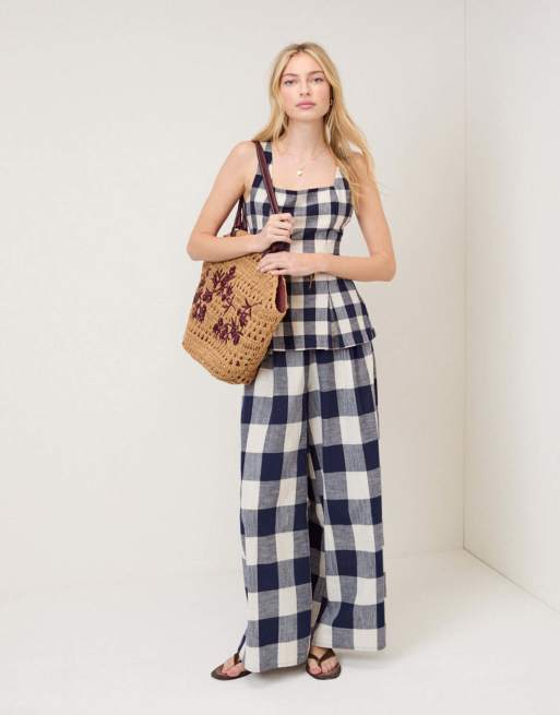 Nobody's Child Petite Gingham wide leg trousers in blue - MBLUE, 5 of 5
