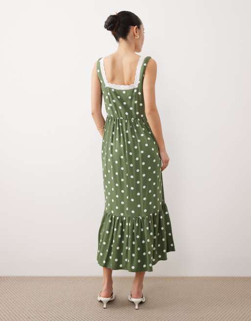 Nobody's Child Petite - Heather - Vestito midi da cerimonia verde a pois con scollo a cuore, 4 di 4