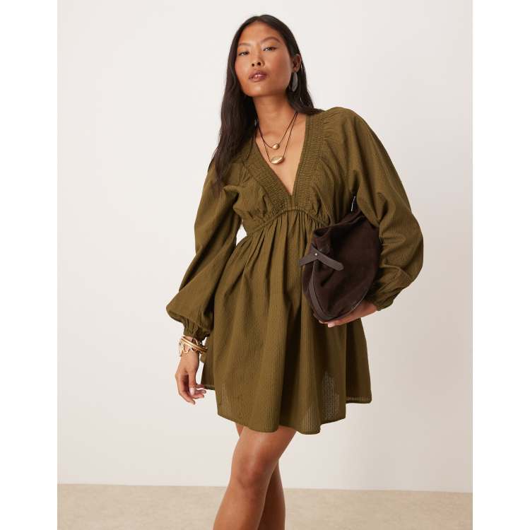 Nobody's Child Petite Irene balloon sleeve boho mini dress in khaki green