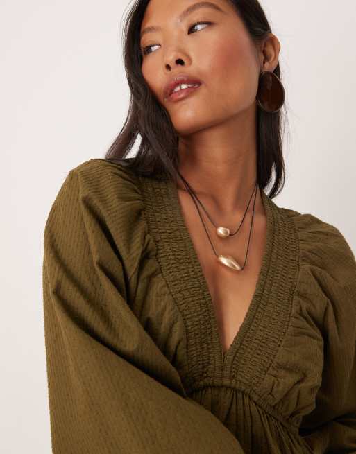 Nobody's Child Petite Irene balloon sleeve boho mini dress in khaki green