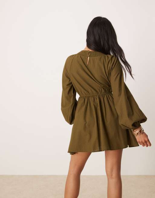 Nobody's Child Petite Irene balloon sleeve boho mini dress in khaki green