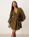 [Nobody's Child Petite] Nobody's Child Petite Irene balloon sleeve boho mini dress in khaki-Green 16 KHAKI