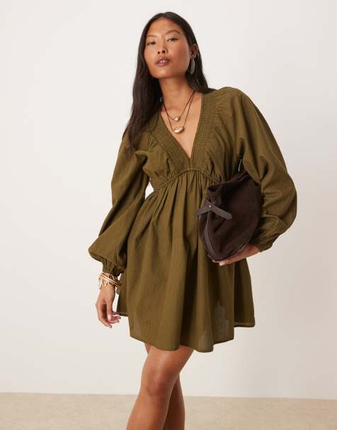 Nobody's Child Petite Irene balloon sleeve boho mini dress in khaki