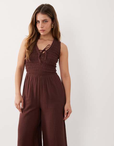 Nobody's Child Petite Jayda cotton rich shirred bodice v-neck sleeveless jumpsuit in brown - view 1
