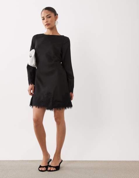 Nobody's Child Petite Kamari satin boat neck long sleeve lace detail mini dress in black - view 1