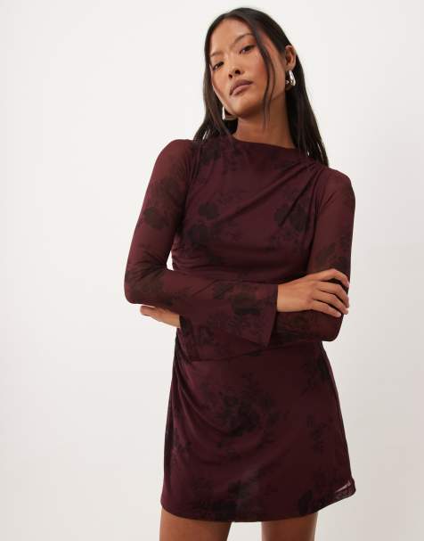 Nobody's Child Petite Kiera mesh boat neck mini dress in burgundy floral - view 1