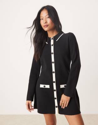 knitted collar mini shift dress in mono-Black