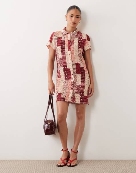 Nobody's Child Petite kurzärmliges Mini-Hemdkleid in Rot mit Vintage-Patchwork - view 1