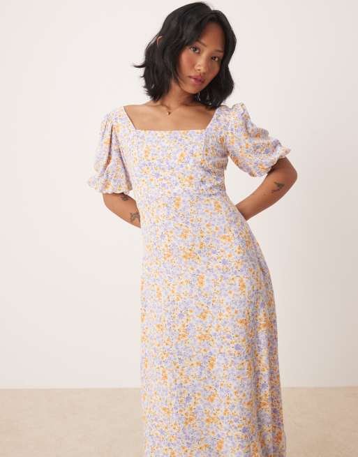lara midi dress White Ditsy Floral Puff Sleeve Lara Midi Dress