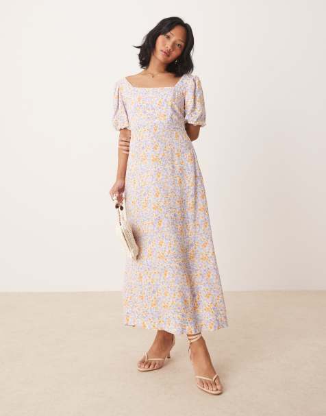 Nobody's Child Petite Lara puff sleeve midi dress in blue and orange ditsy