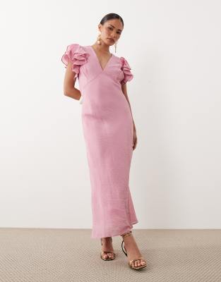 Nobody's Child Petite Layla V-neck Ruffle Sleeve Midi Dress In Pink