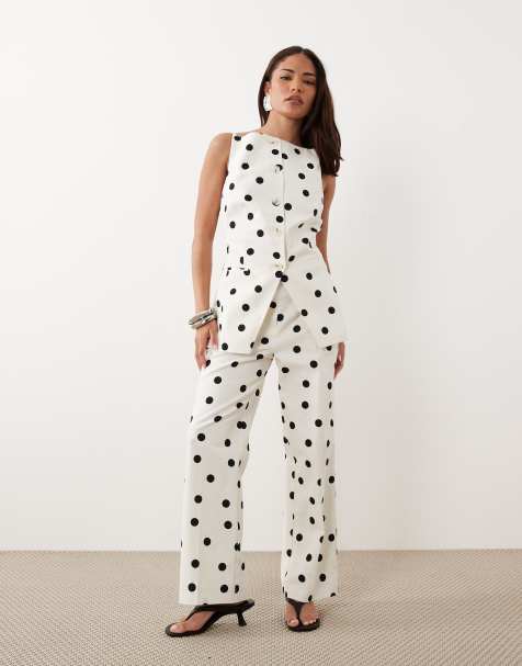 Nobody's Child Petite linen blend square neck longline vest in white polka dot print - part of a set - view 1