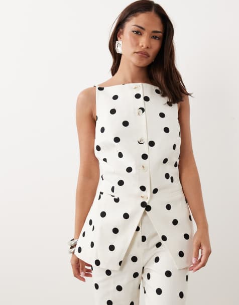 Nobody's Child Petite linen blend square neck longline waistcoat co-ord in white polka dot - view 1