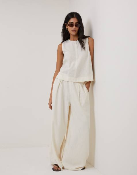 Nobody's Child Petite linen-blend wide leg trousers in cream - CREAM - view 1