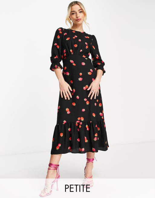 Nobody's Child Petite long sleeve strawberry print tea dress in black
