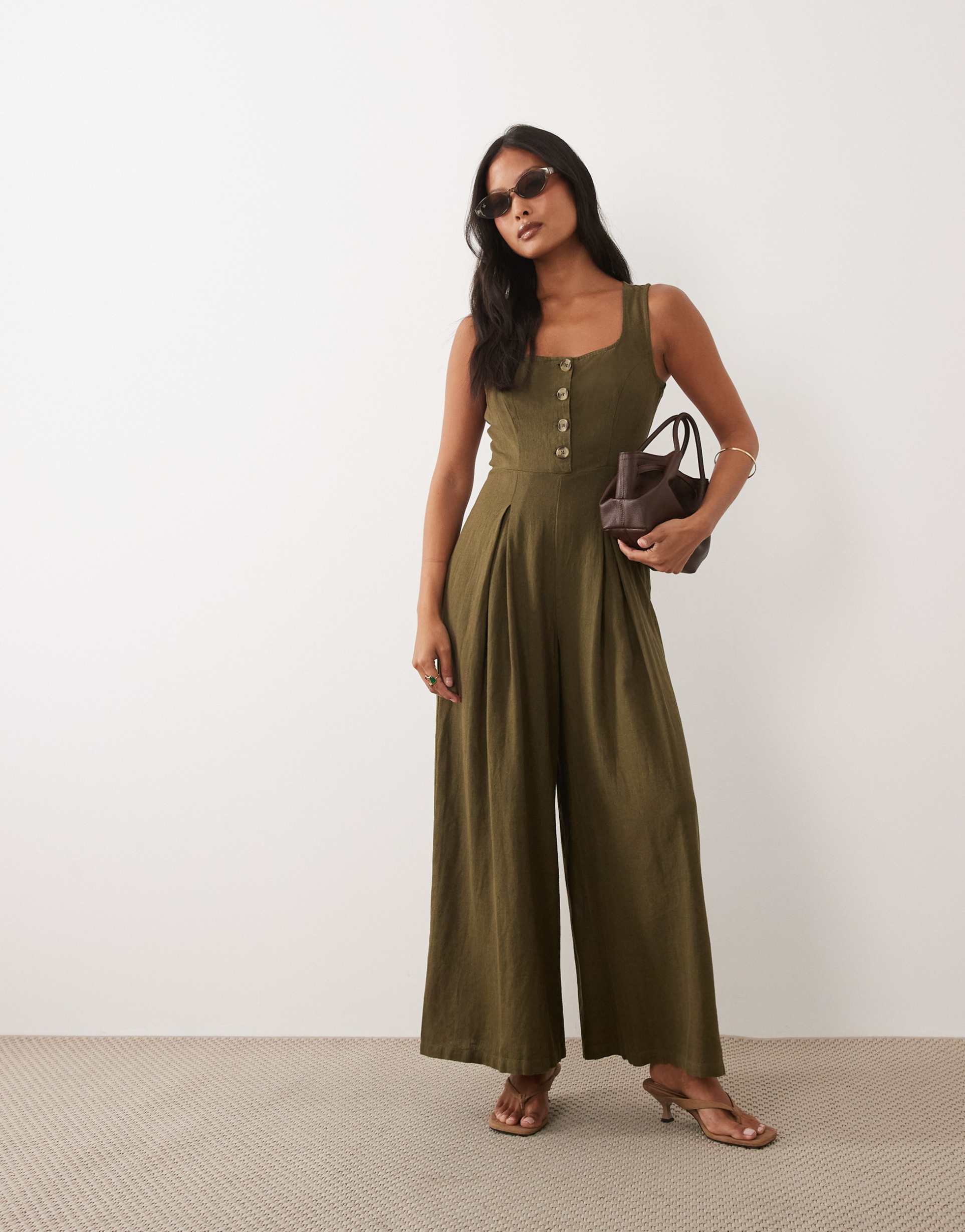 nobody's child petite lorey linen mix square neck button front jumpsuit in khaki green