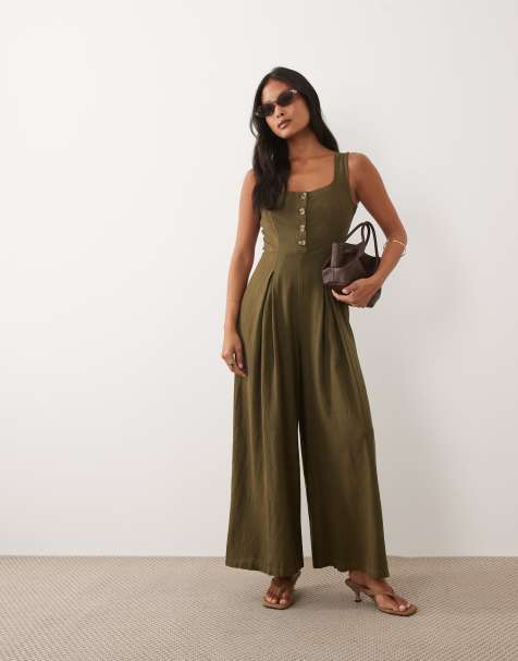 Nobody's Child Petite Lorey linen mix square neck button front jumpsuit in khaki - view 1