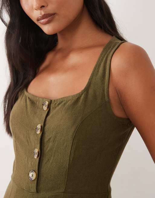 Nobody's Child Petite Lorey linen mix square neck wide leg jumpsuit in khaki, 2 of 4