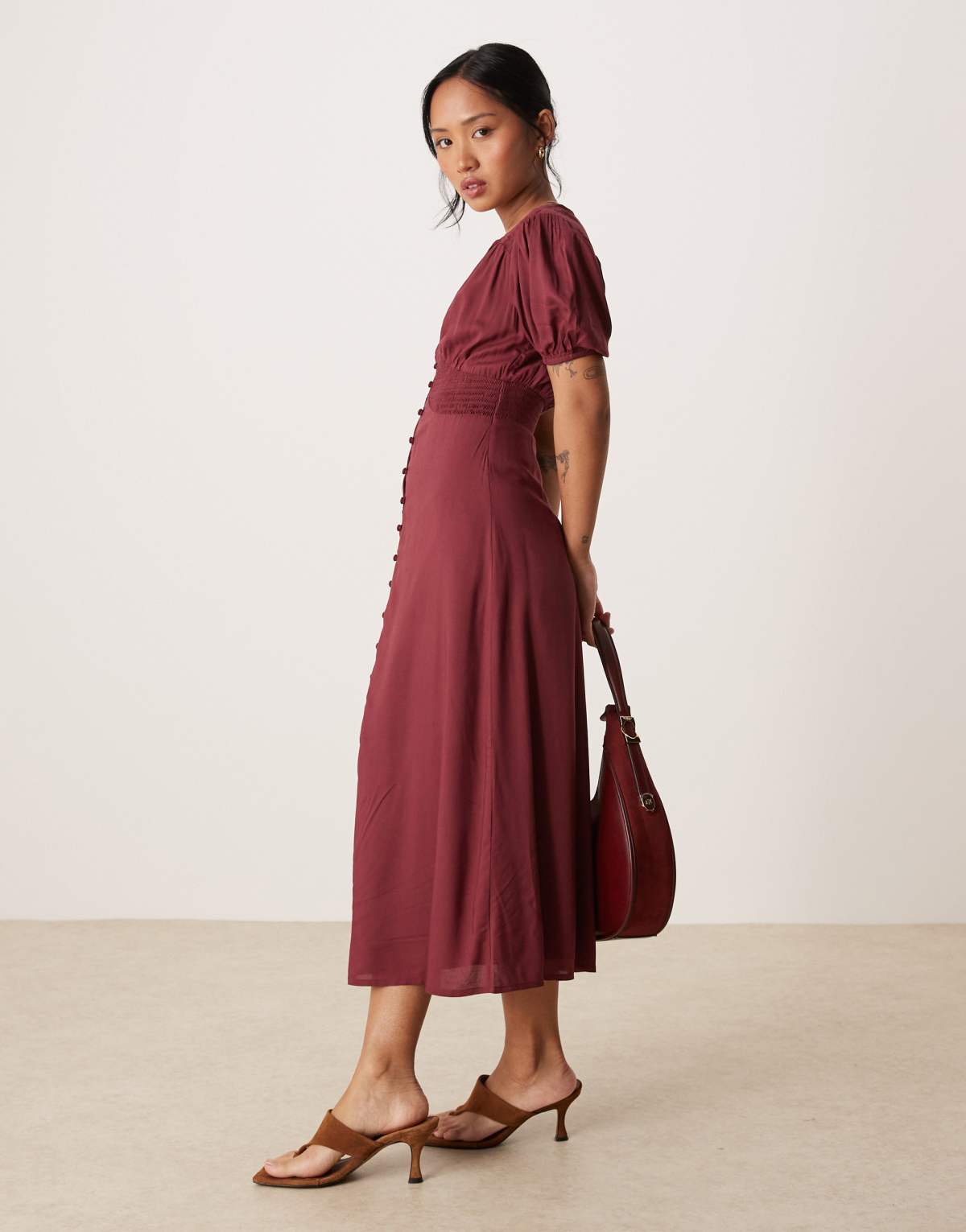Nobody's Child Petite Lucinda satin button front midi dress in burgundy