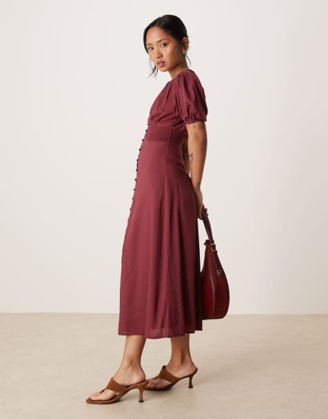 Nobody's Child Petite Lucinda satin button front midi dress in burgundy