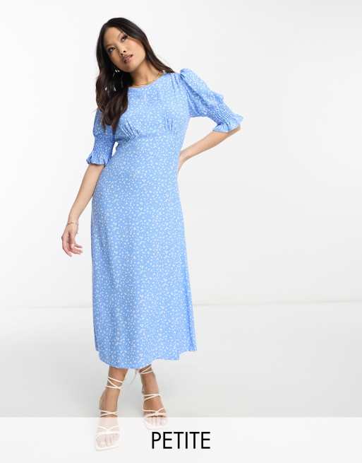 Nobody's Child Petite - Luna - Midi jurk met gesmokte mouwen in blauw met fijne bloemenprint