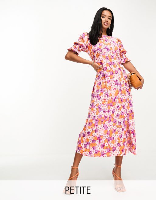 Nobody's Child Petite - Luna - Midi-jurk met pofmouwen en bloemenprint in oranje met paars