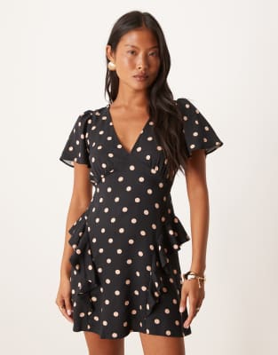 Nobody’s Child Petite Nobody's Child Petite Lyndsey ruffle detail mini dress in black spot