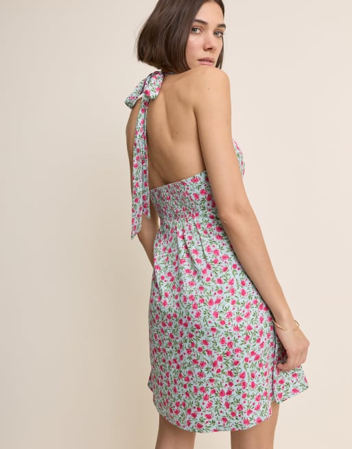 Nobody's Child Petite Lynette deep v halter neck mini dress in blue floral  | ASOS