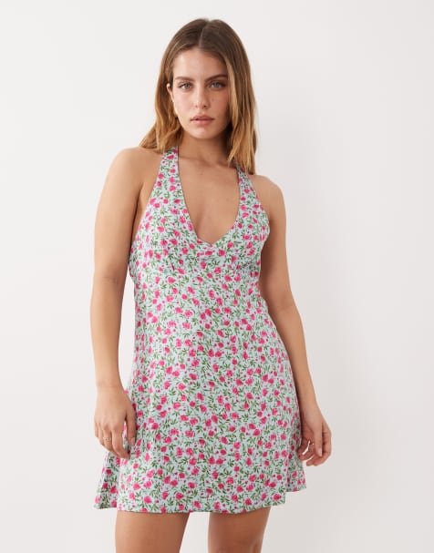 Nobody's Child Petite Lynette deep v halterneck mini dress in blue floral - MBLUE - view 1