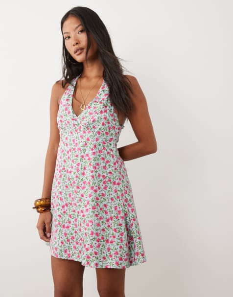 Nobody's Child Petite Lynette deep v halter neck mini dress in blue floral 