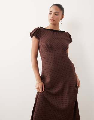 Nobody's Child Petite Marianna Boat Neck Puff Sleeve Midi Dress In Brown