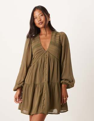 Nobody's Child Petite Nobody's Child Petite Marley boho v-neck mini dress in khaki-Green