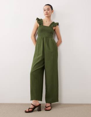 Nobody's Child Petite Maya ruffle detail square neck jumpsuit in green