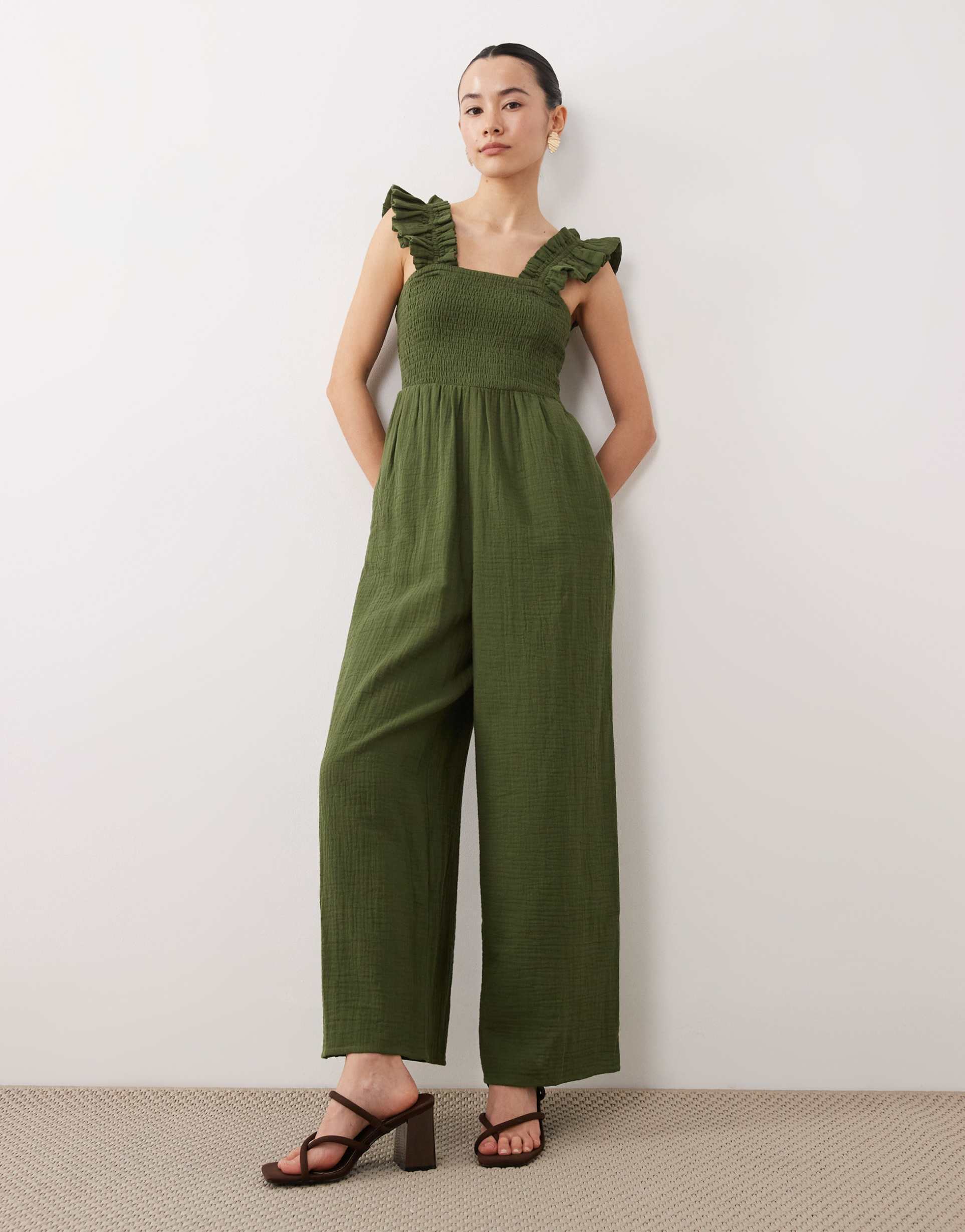 nobody's child petite maya ruffle detail square neck jumpsuit in green