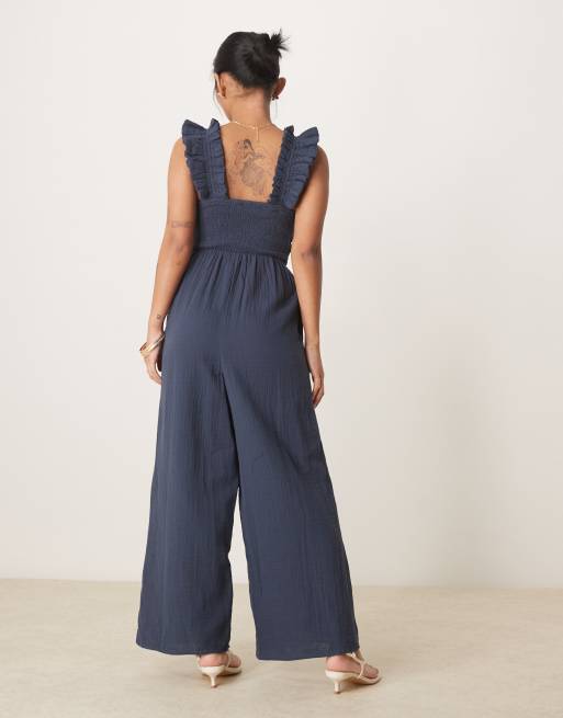 Nobody's Child Petite Maya ruffle sleeve jumpsuit in navy, 3 of 4