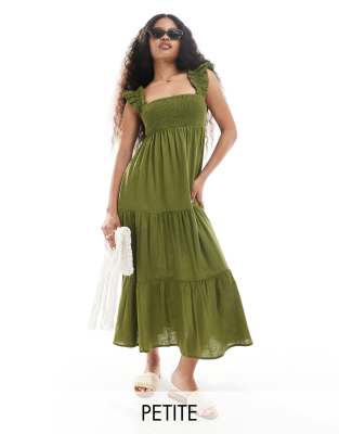 Nobody’s Child Petite Nobody's Child Petite Maya shirred midaxi dress in olive-Black